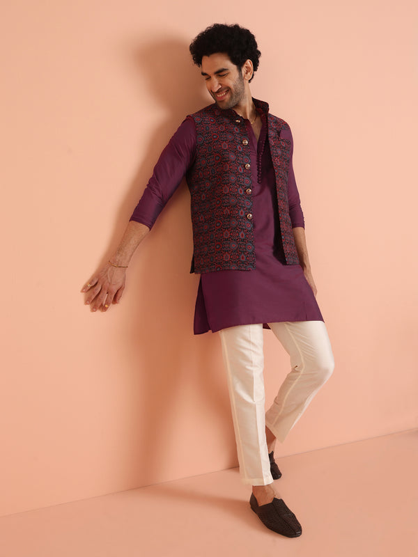 Wine Silk Blend Printed Jacket Kurta Trouser Set
