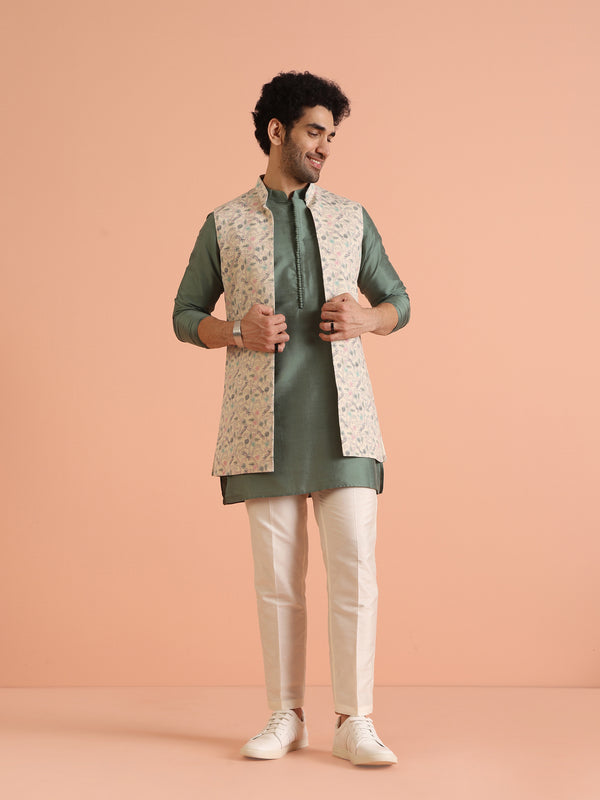 Green Silk Blend Printed Jacket Kurta Trouser Set