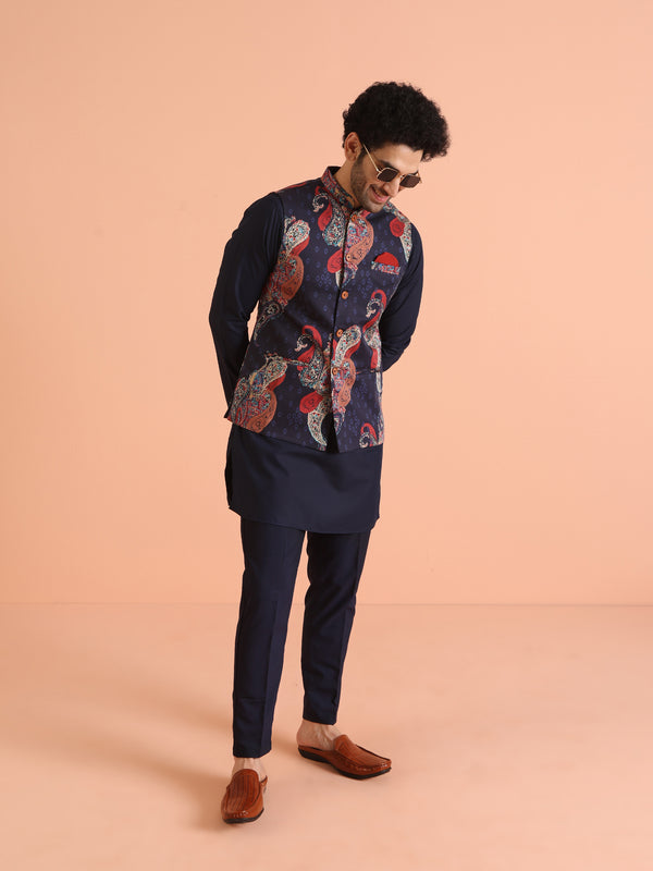 Navy Blue Paisley Printed Nehru Jacket Kurta Set