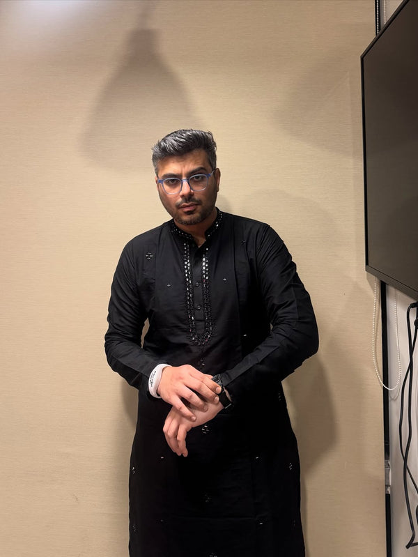 Black Cotton Mirror Work Kurta Trouser Set