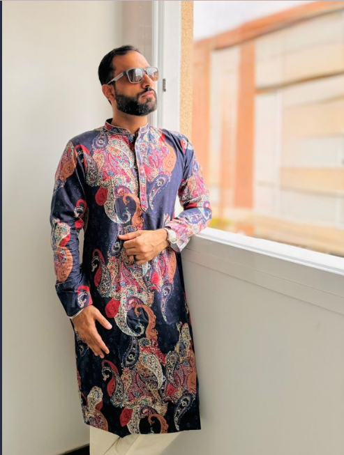 Men Navy Blue Multi-Color Paisley Printed Kurta Trouser Set