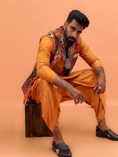 Multi-Coloured Printed Nehru Jacket Kurta Dhoti