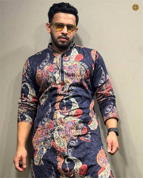 Men Navy Blue Multi-Color Paisley Printed Kurta Trouser Set