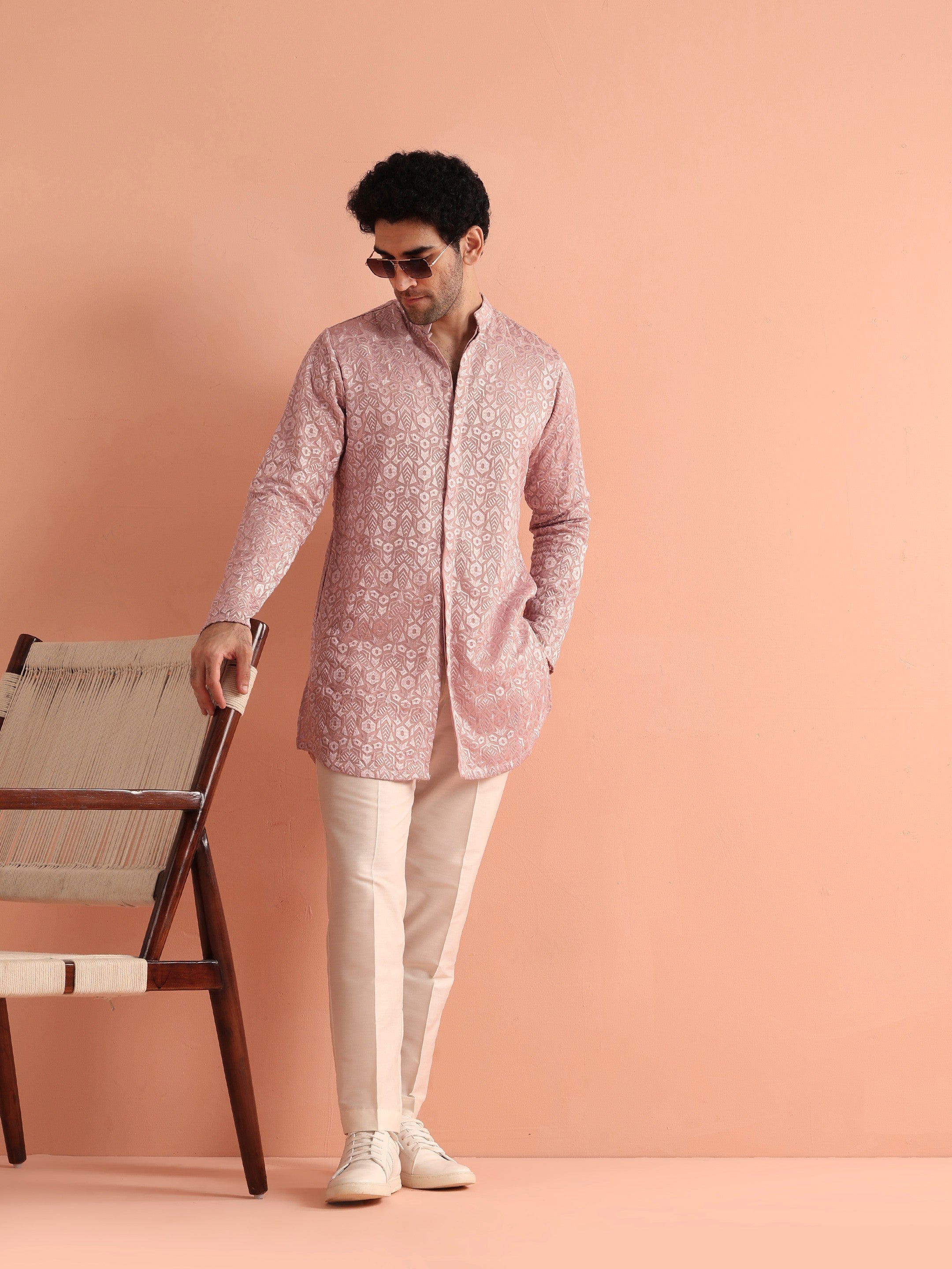 Pink Jacquard Silk Blend Kurta Trouser Set