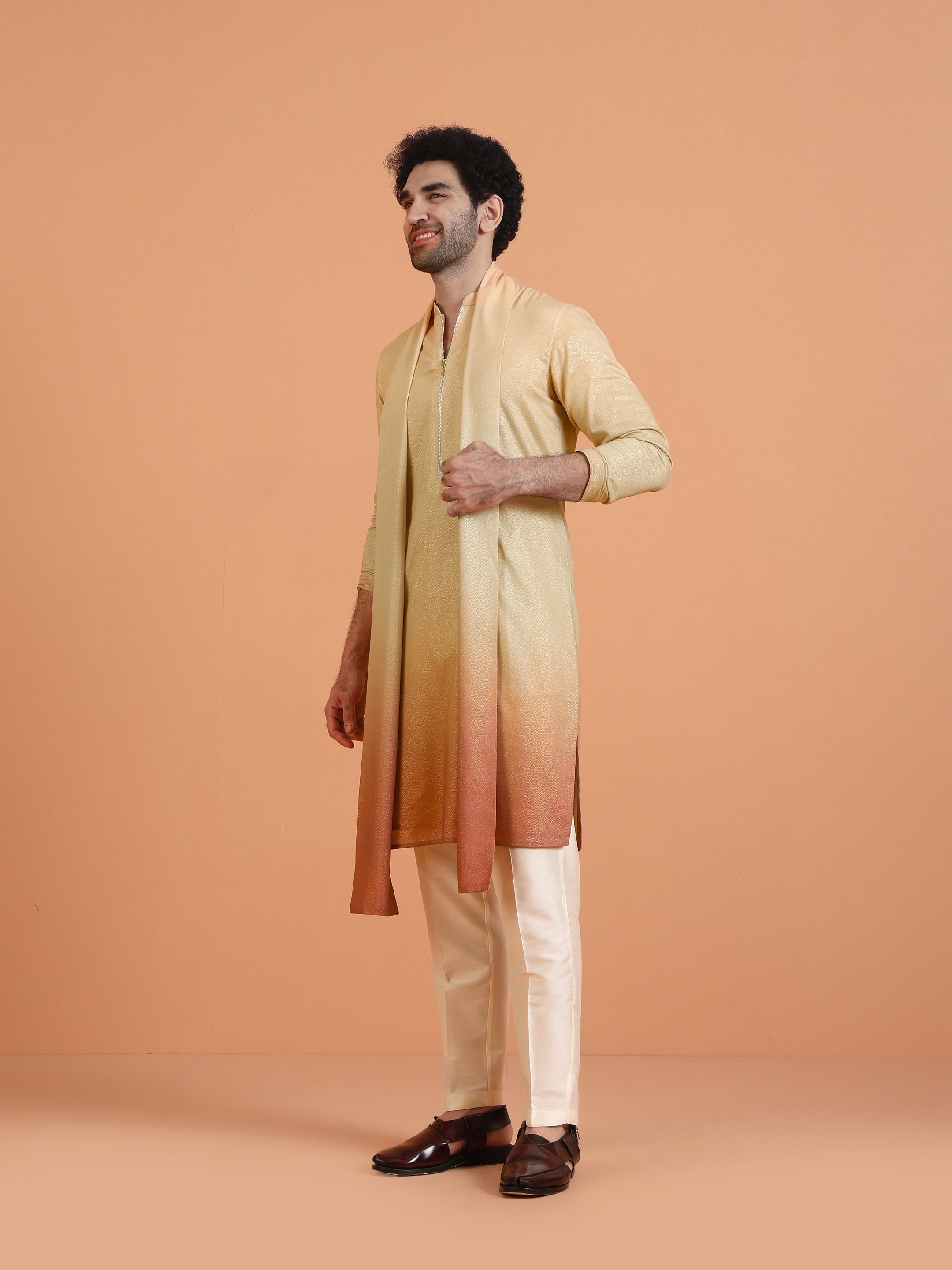 The side view of the model, wearing Beige Ombre Kurta Zip Set with Dupatta of Kisah