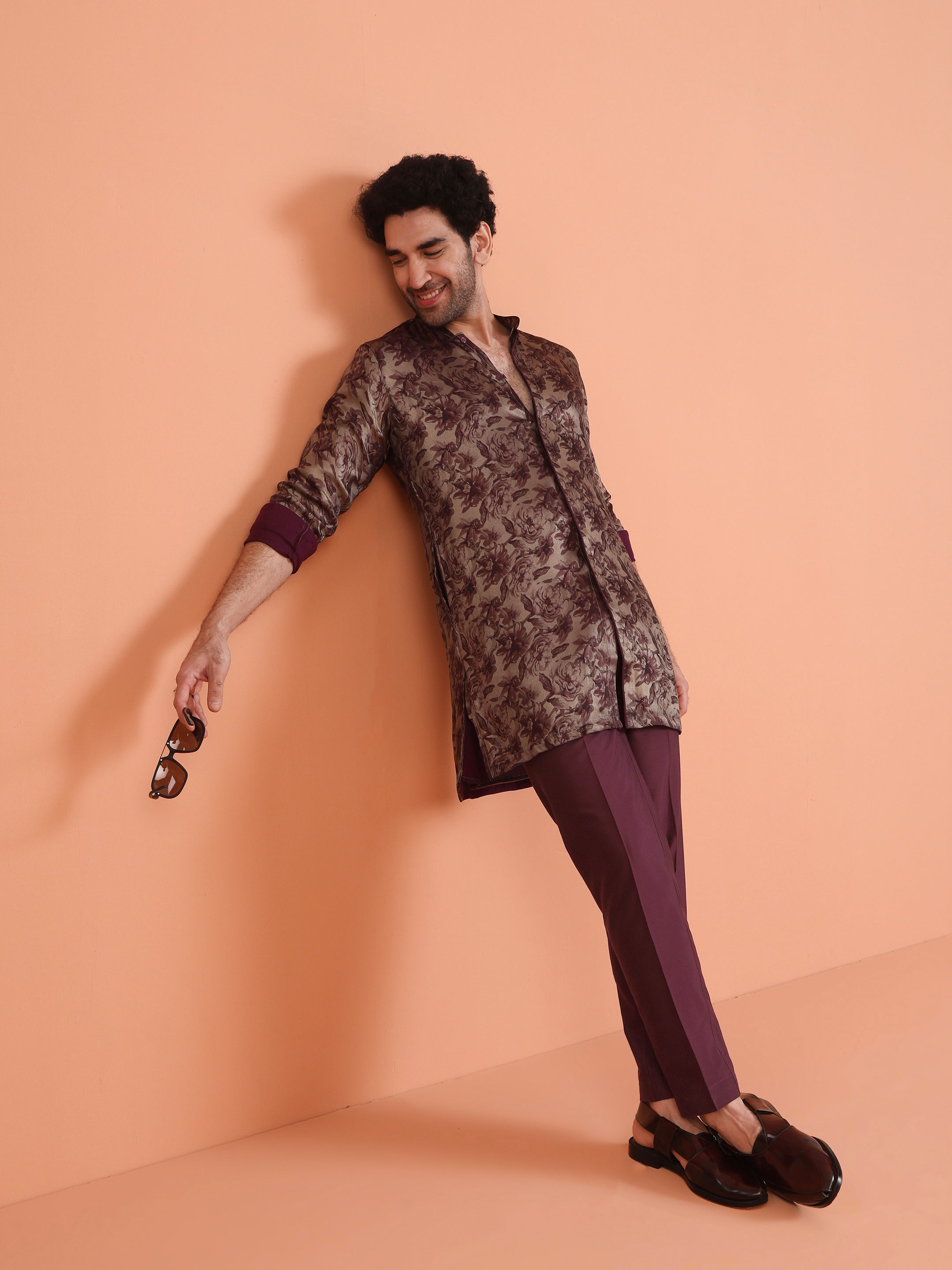 Maroon Floral Art Silk Front Open Kurta Set