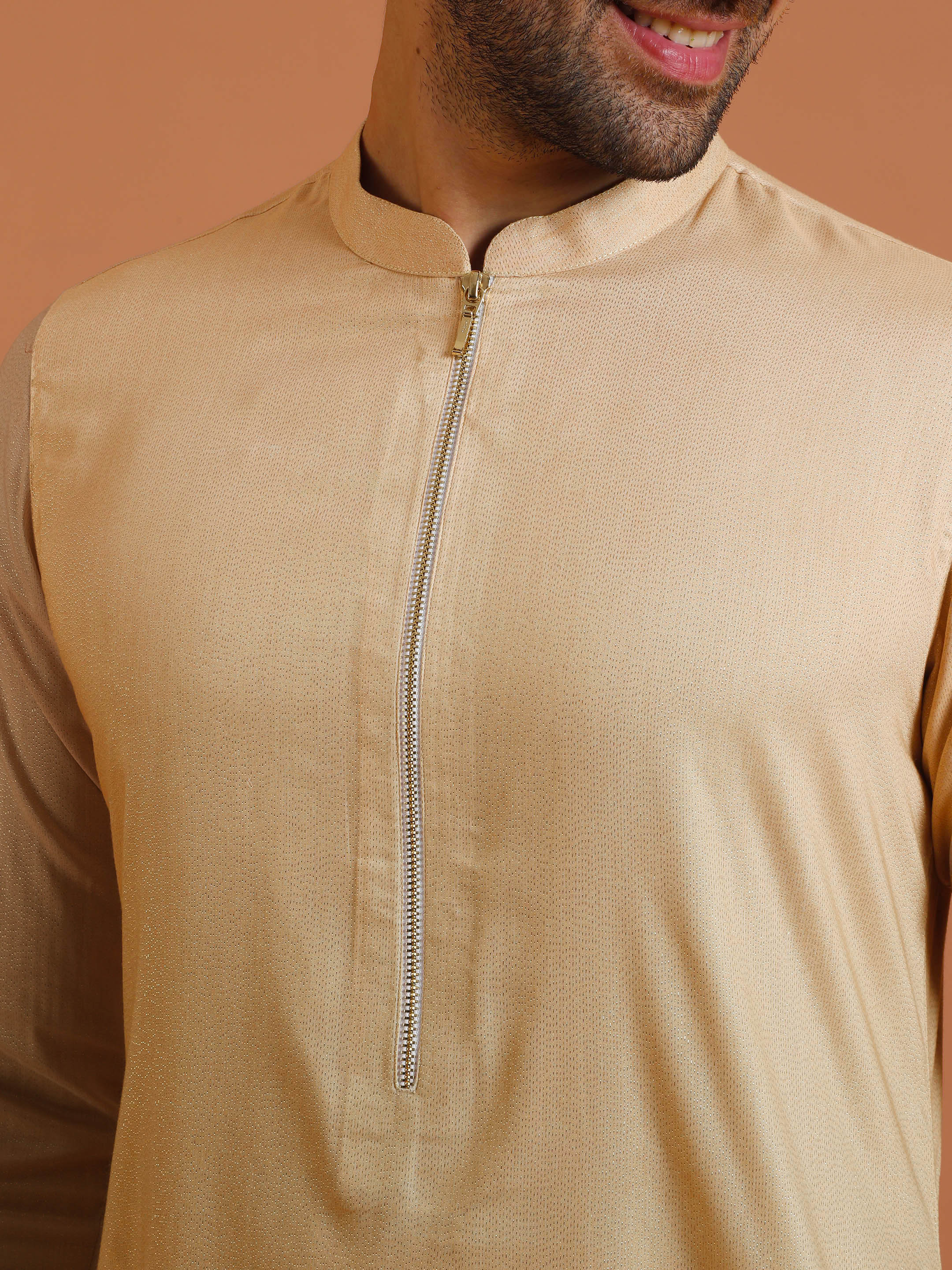 The chest portion with zip of Beige Ombre Kurta with Zip Set has been highlighted in the image