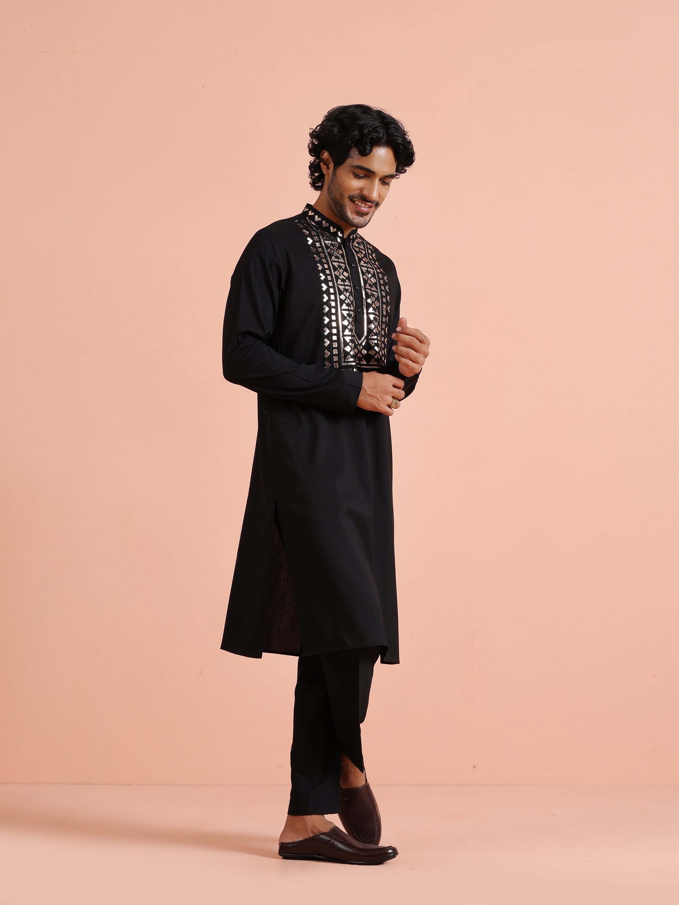 Wearing the Beige Ombre Kurta Zip Set with Dupatta by Kisah, the man stands in a stylish pose