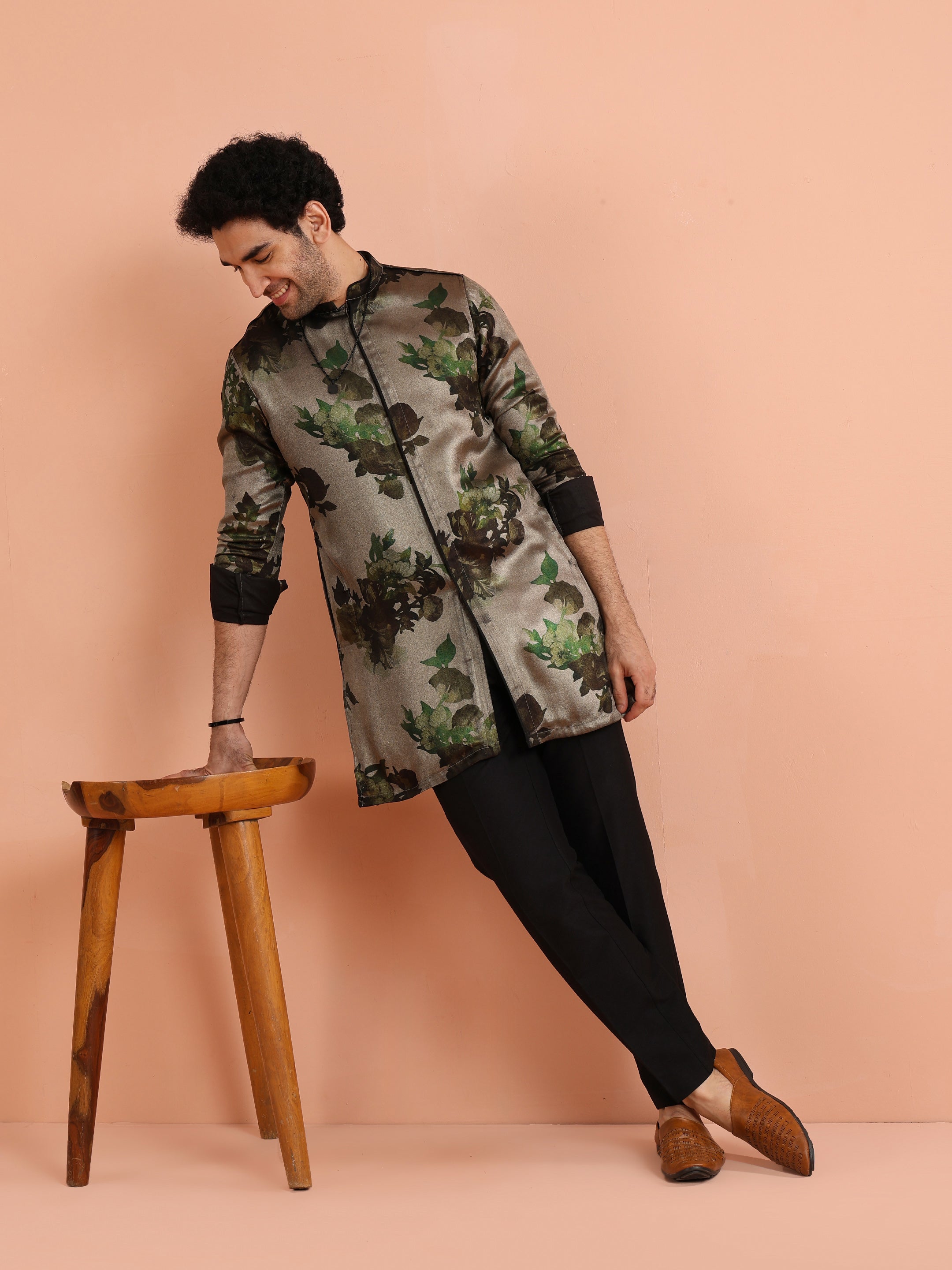 Olive Green Floral Silk Blend Kurta Set