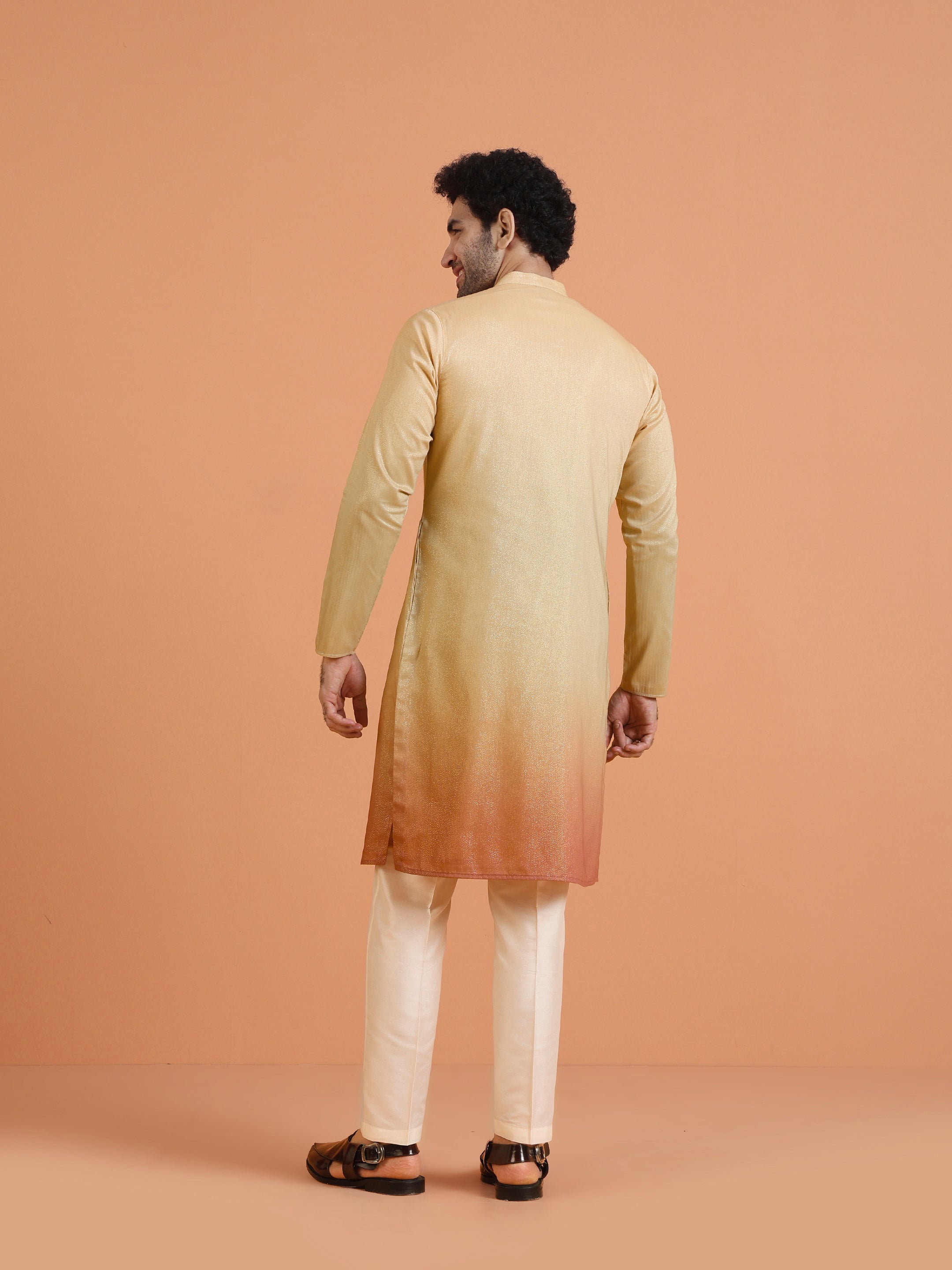 The back view of the model, wearing Kisah's  Beige Ombre Kurta with Zip Set