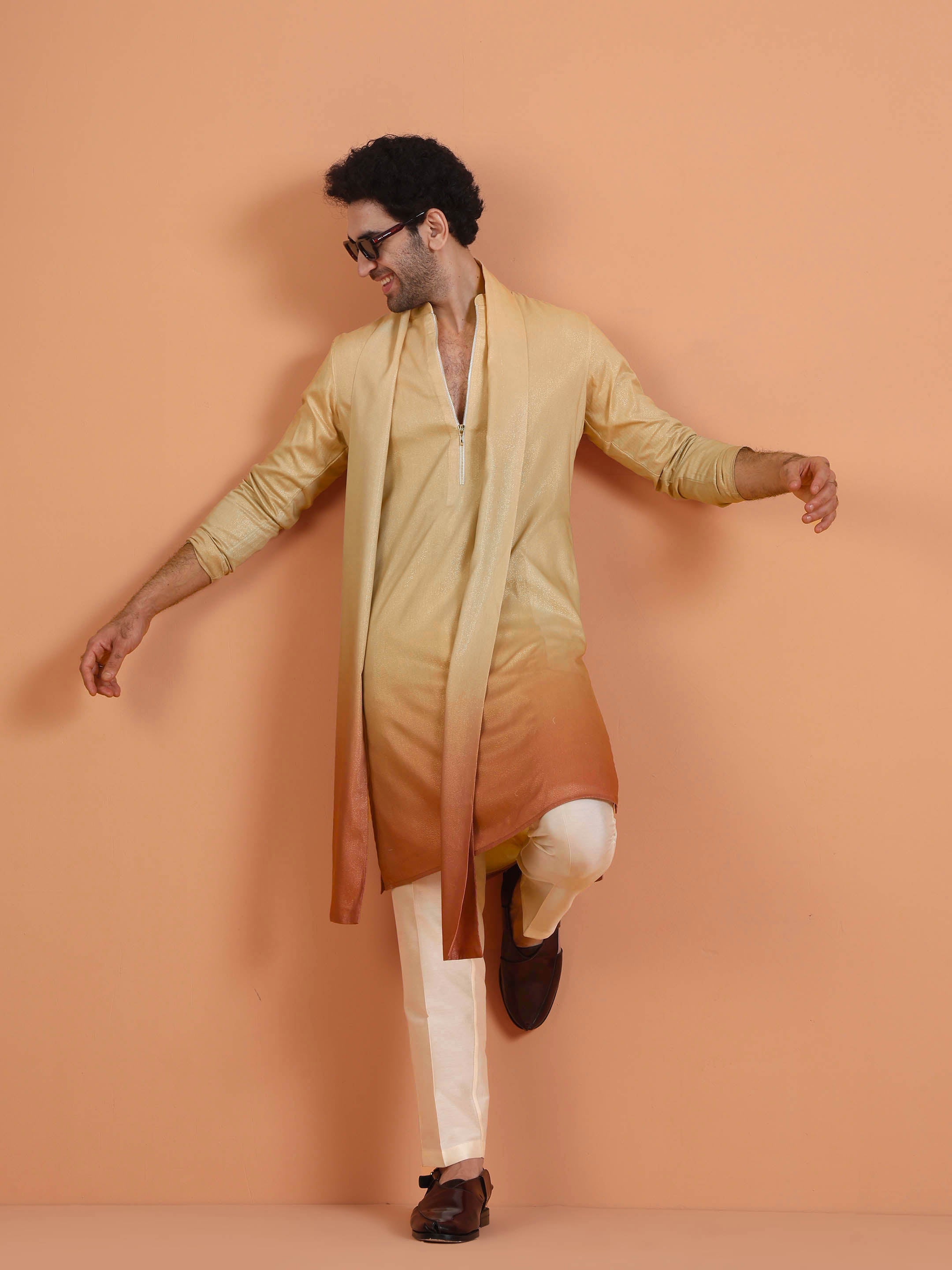 The man is posing with Beige Ombre Kurta Zip Set with Dupatta of Kisah