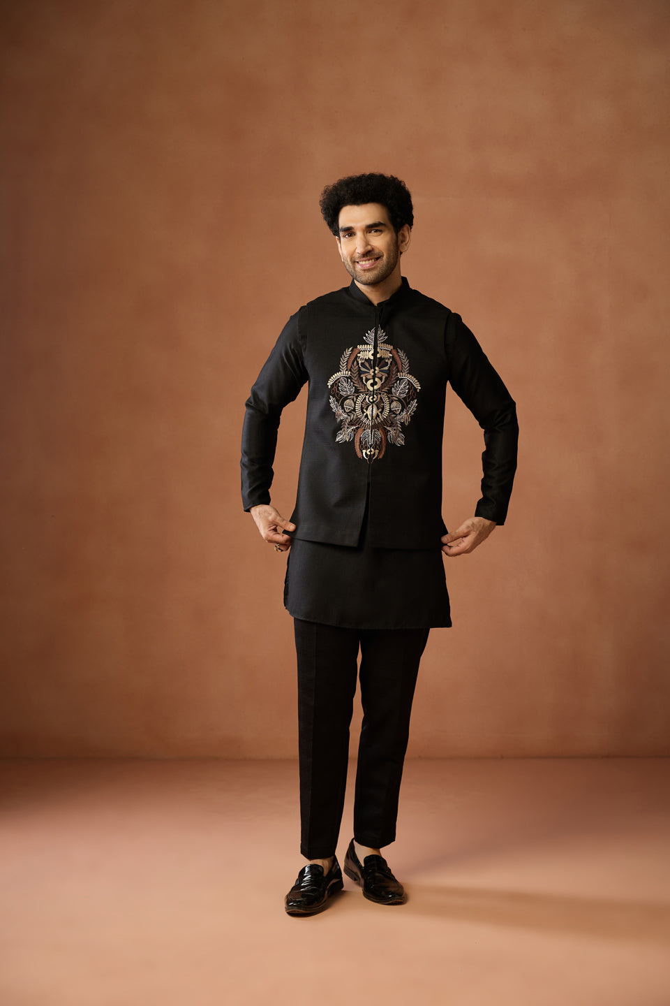 Black Embroidered Jacket Kurta Trouser Set