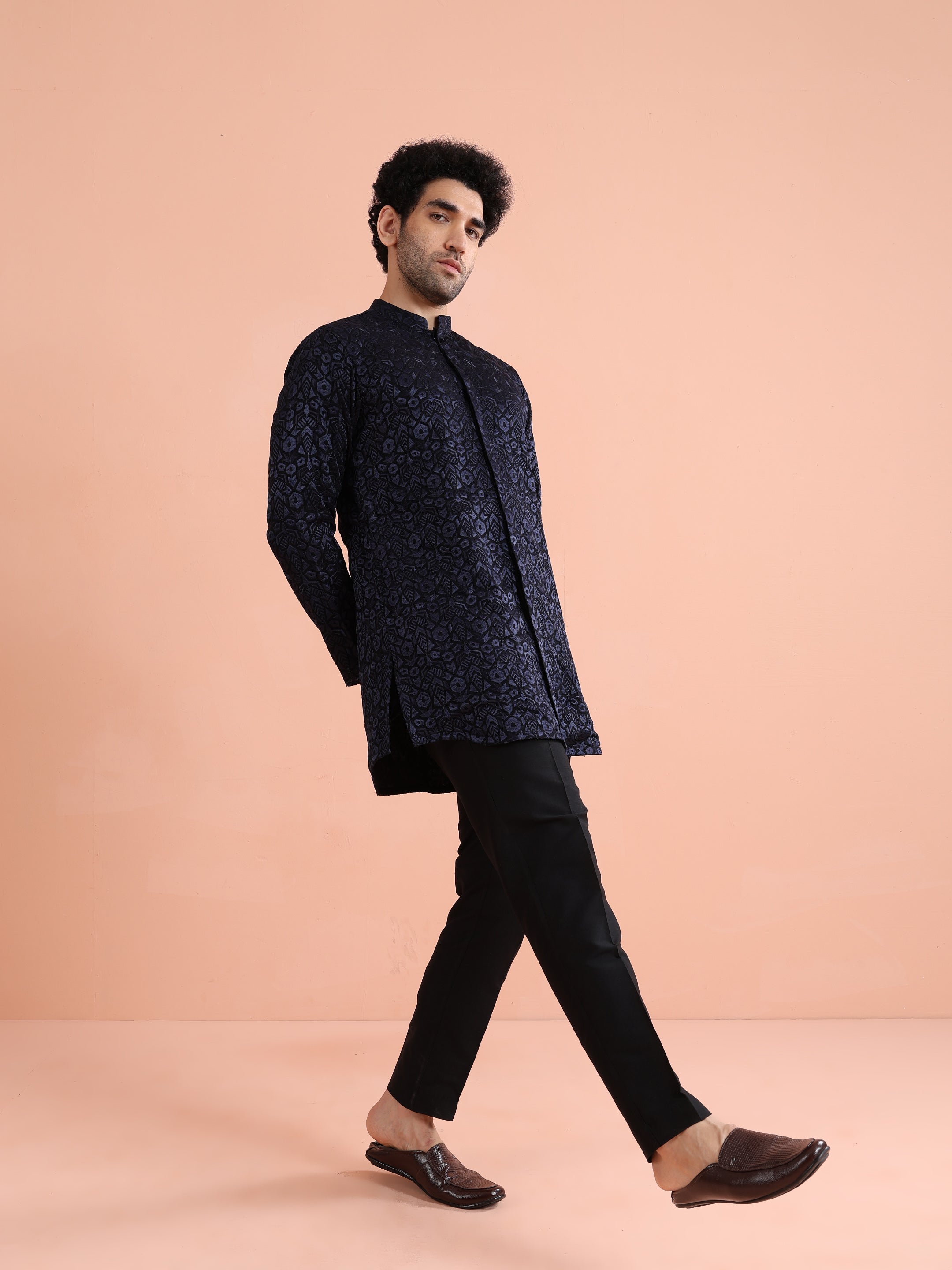 Black Textured Kurta Trouser Set