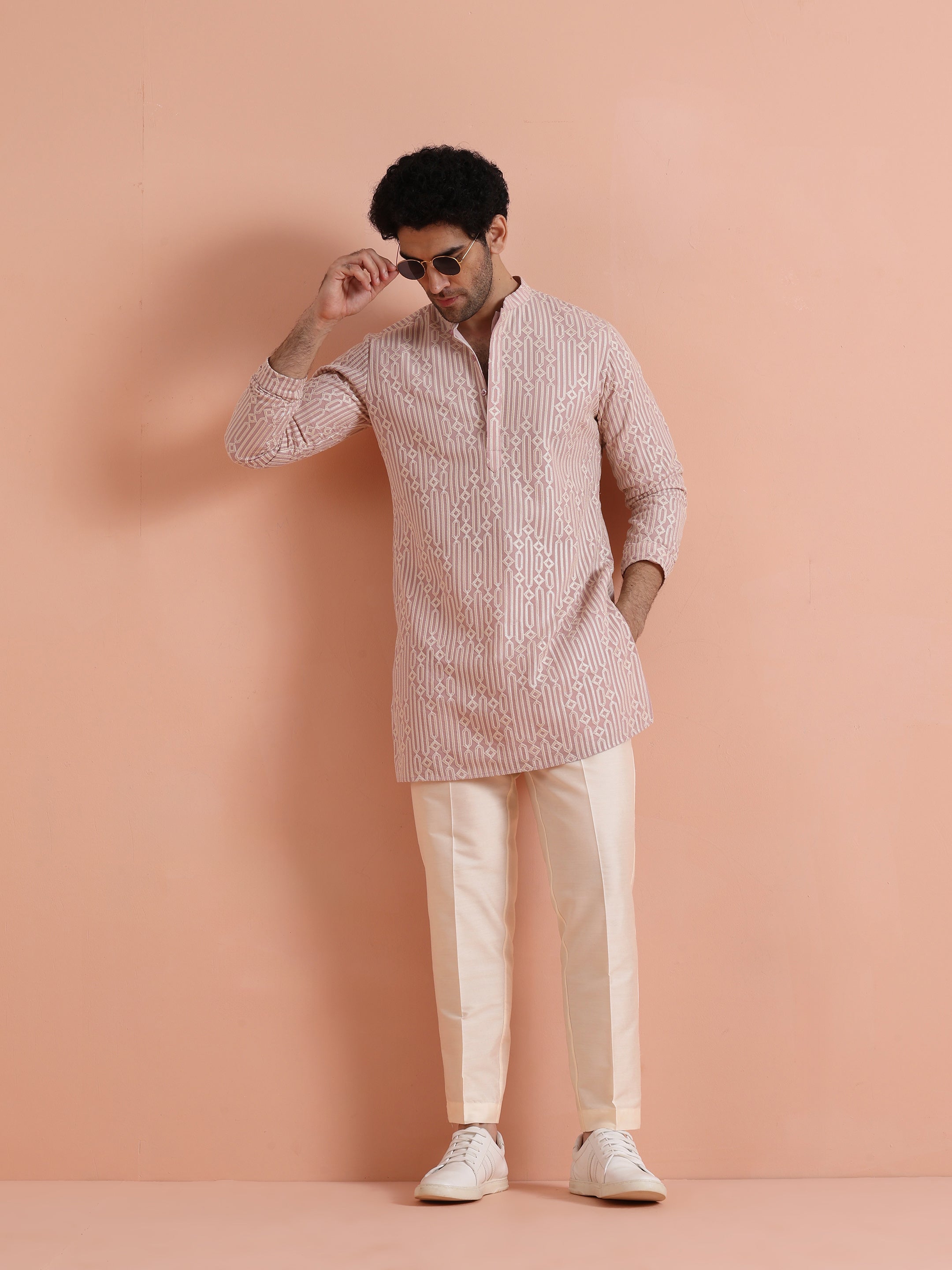 Pink Embroidered Mid Kurta Trouser Set
