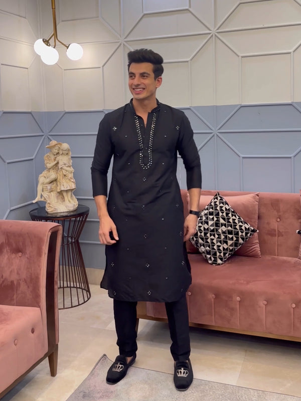 Black Cotton Mirror Work Kurta Trouser Set