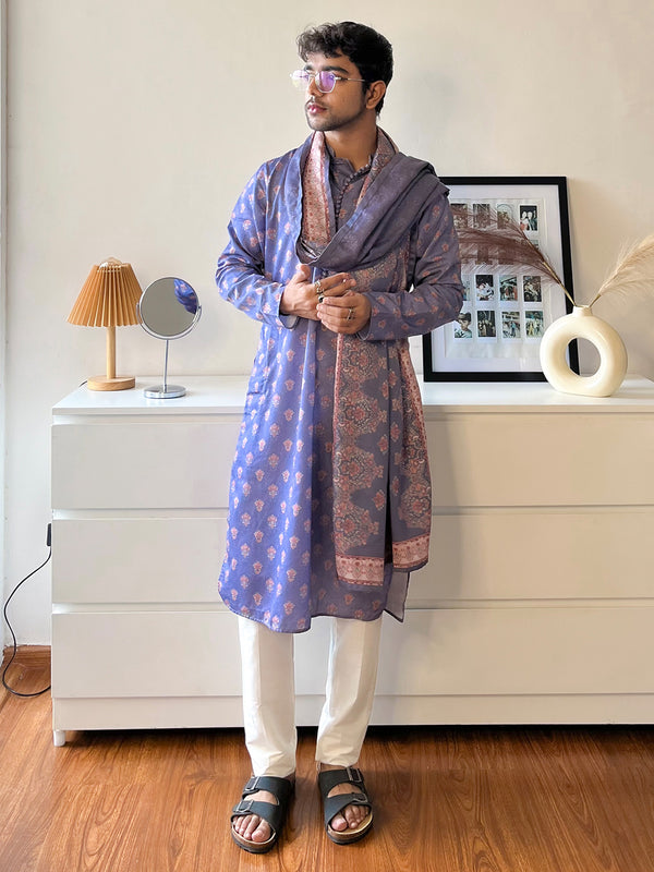 Grey Silk Printed Kurta Churidar with Dupatta