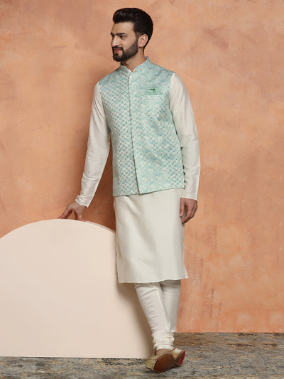 Mint Green Woven Nehru Jacket Kurta Churidar