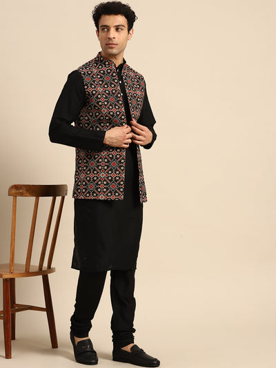 Black Cotton Silk Geometric Printed Nehru Jacket Kurta Churidar