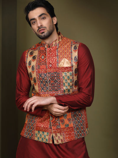 Multi Color Silk Blend Printed Jacket Kurta Dhoti Set