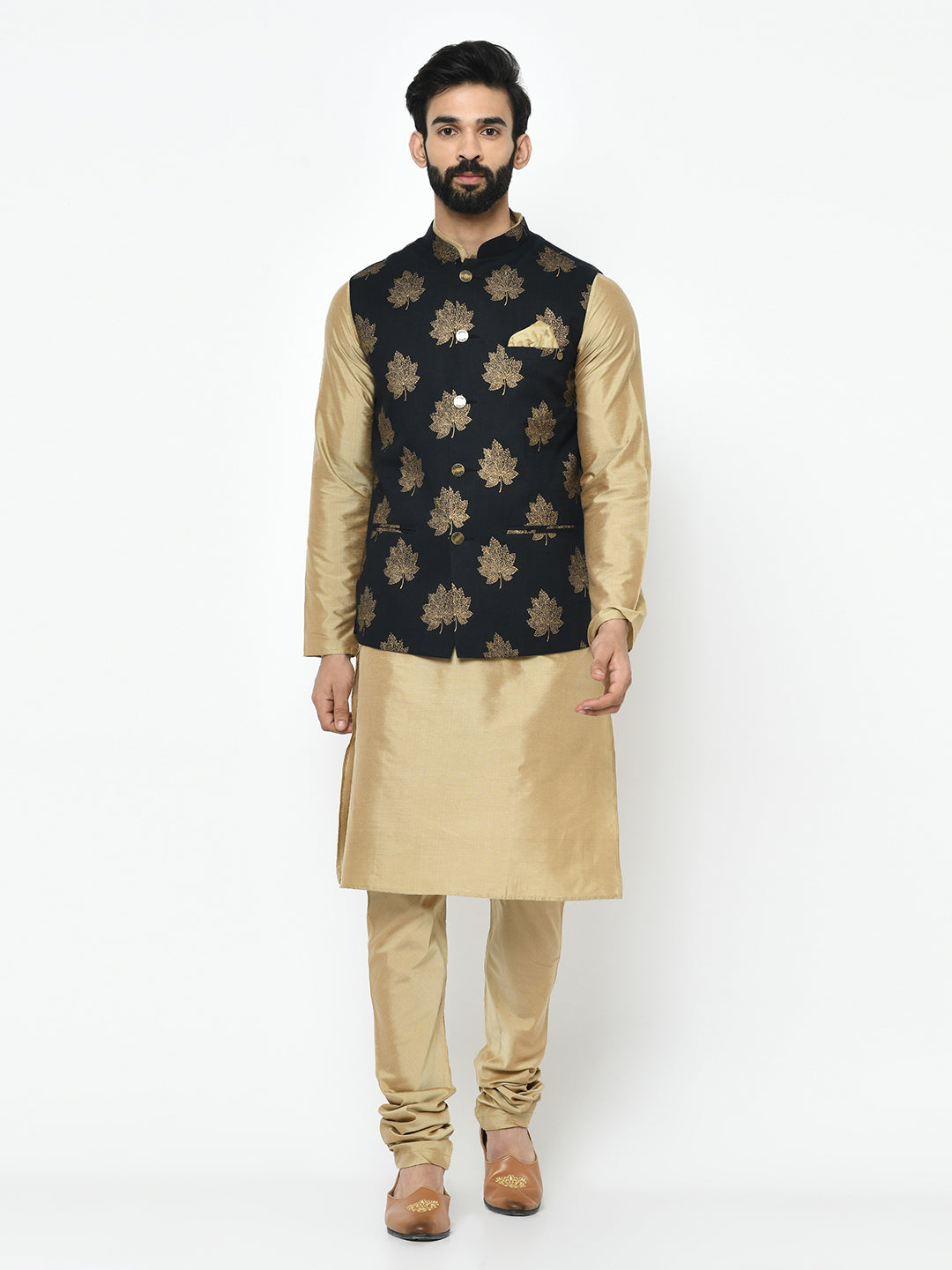 Black chevron printed brocade nehru jacket with black kurta and pyjama -  Set Of Three by The Weave Story | The Secret Label