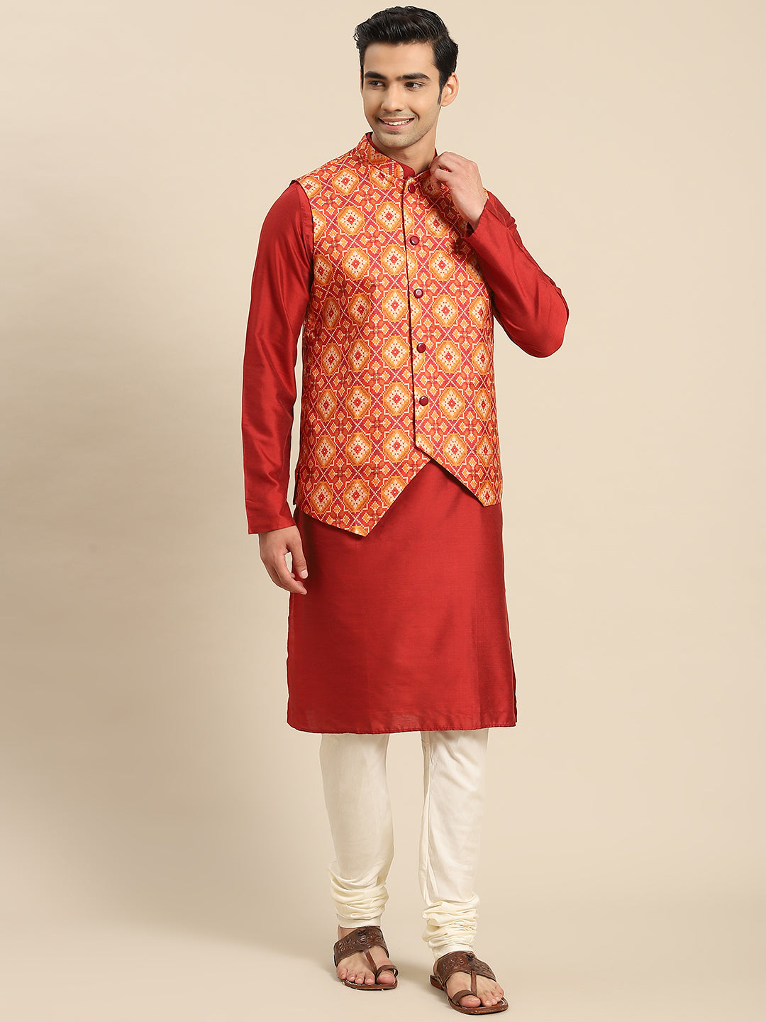 Red Silk Long Cream Nehru Jacket Kurta Pyjama DTKPJ133 | Red jacket men,  Mens suits sky blue, Nehru jackets