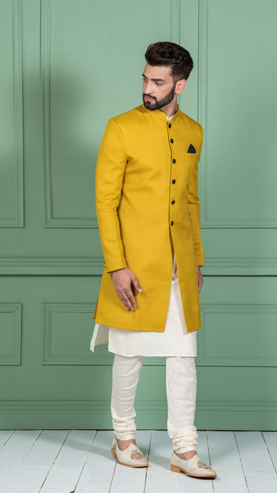 Men Mustard Yellow Solid Kurta Indowestern Churidar Set