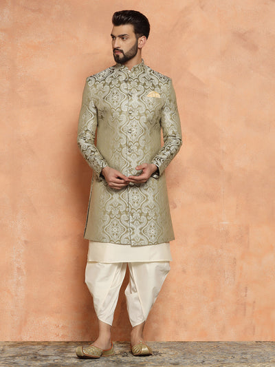 Olive Green Silk Blend Kurta Set with White Jacquard Indo-Western Jacket and Dhoti Pants â€“ Wedding & Reception Ensemble