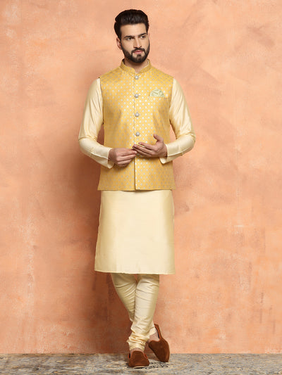 Yellow Jacquard Jacket Kurta Churidar Set