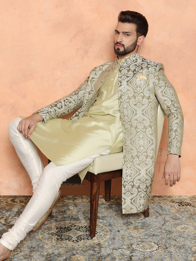 Gold Silk Blend Jacquard Sherwani Set