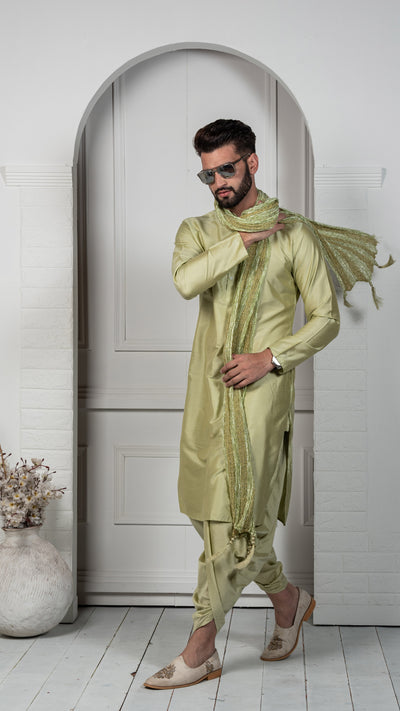 Light Green Silk Blend Kurta Dhoti Dupatta Set