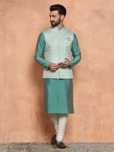 Light Blue Silk Embroidered Nehru Jacket Kurta Set