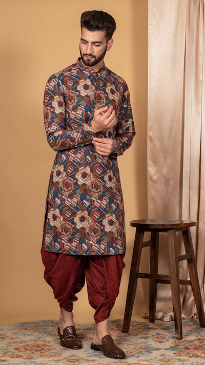 Multicolor Printed Cotton Kurta Dhoti Set