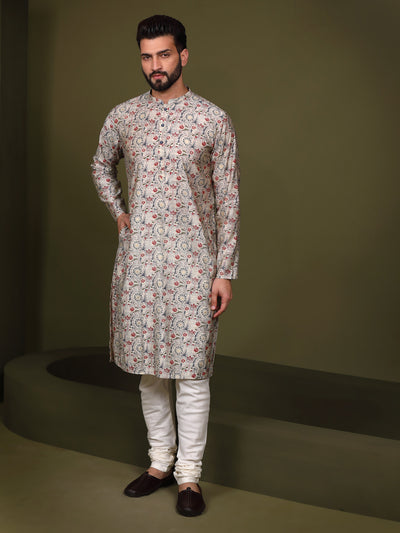 Cream Cotton Printed Kurta Churidar Set