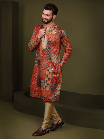 Multi Color Silk Blend Printed Kurta Churidar