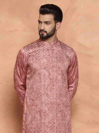 Pink Silk Blend Textured Kurta Churidar