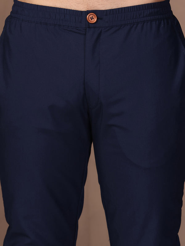 Navy Blue Silk Blend Woven Nehru Jacket Set