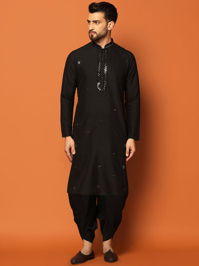 Men Black Embellished Mirror Work Kurta Dhoti Set