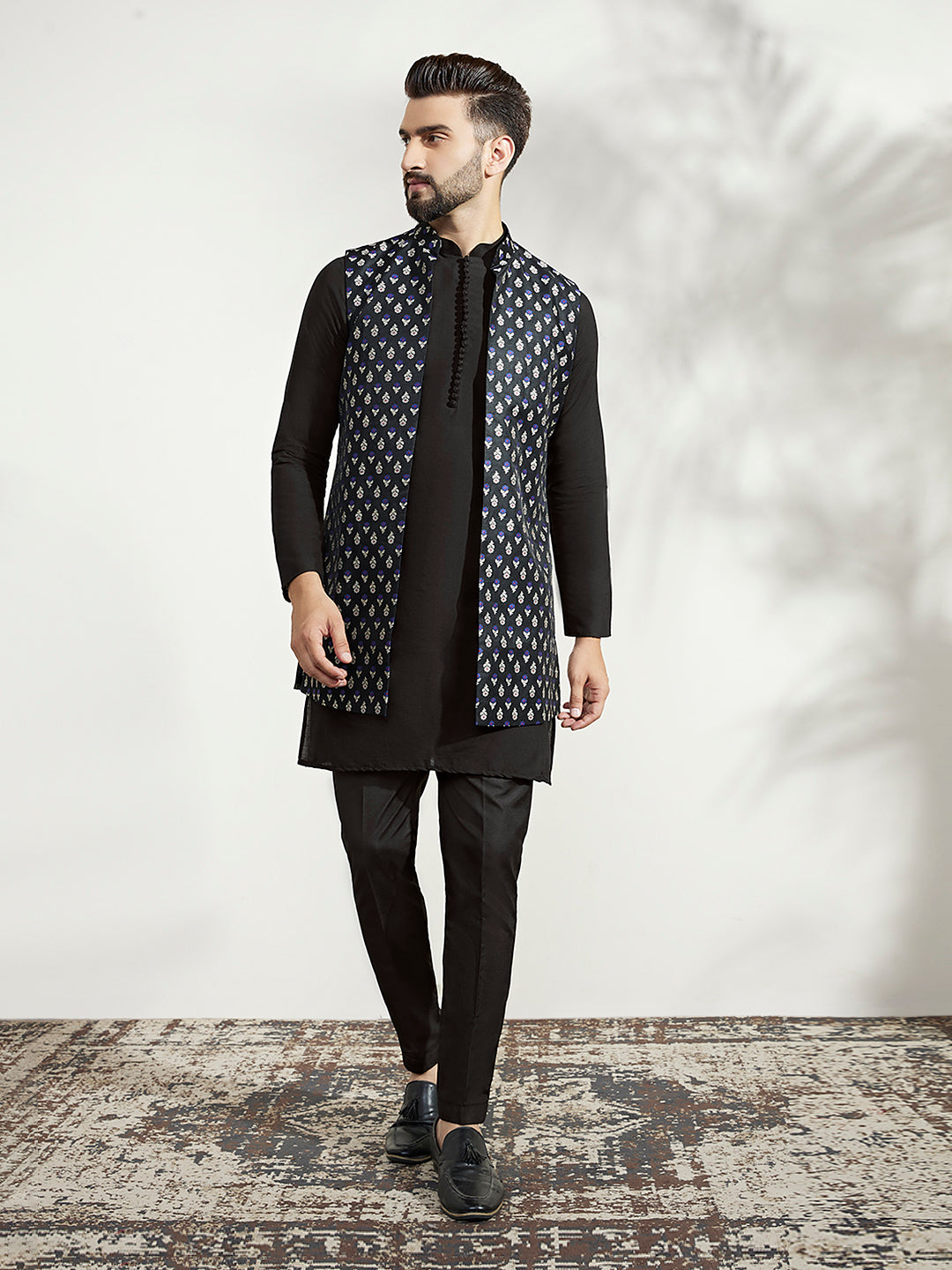 Black Kurta Trouser Men's Kurta And Waistcoat Men Black Woven