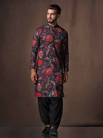 Black Silk Blend Printed Kurta Black Patiala