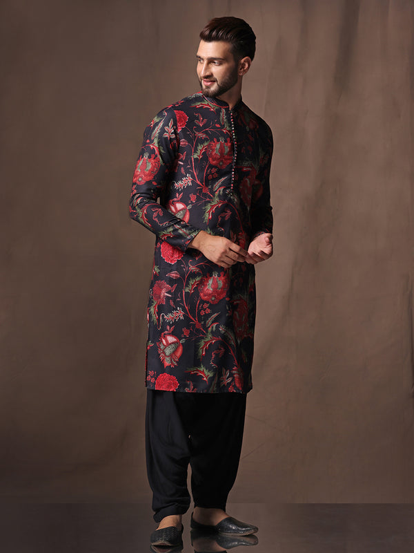 Black Silk Blend Printed Kurta Black Patiala