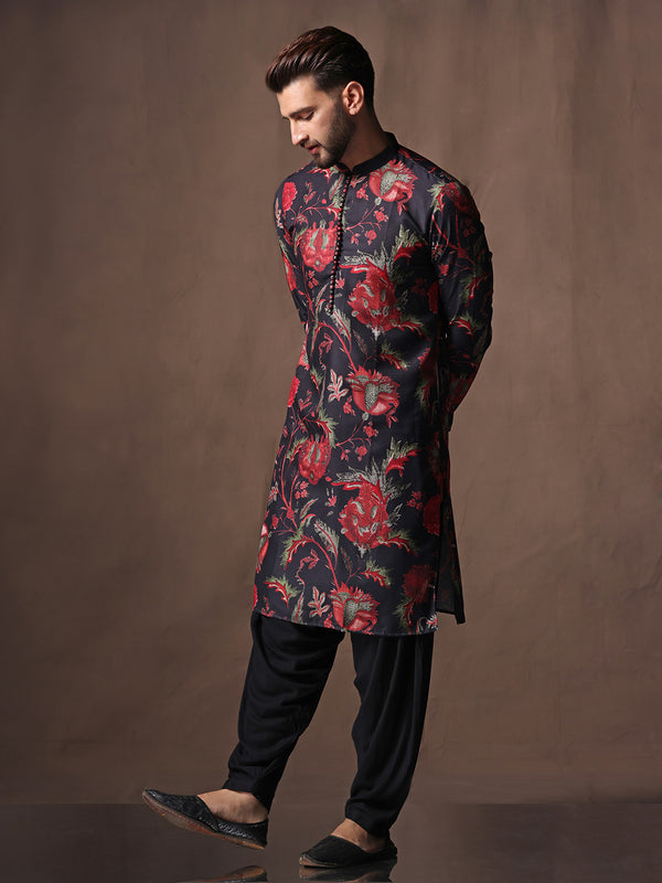 Black Silk Blend Printed Kurta Black Patiala