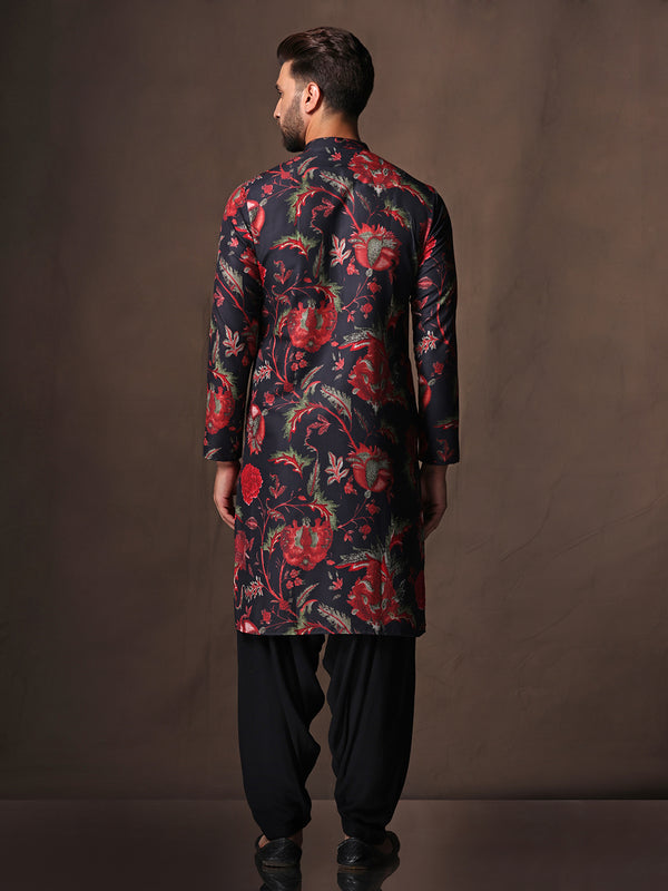 Black Silk Blend Printed Kurta Black Patiala