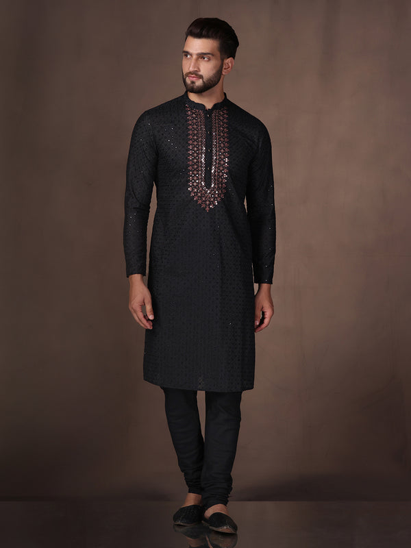 Black Embroidered Kurta Set with Churidar