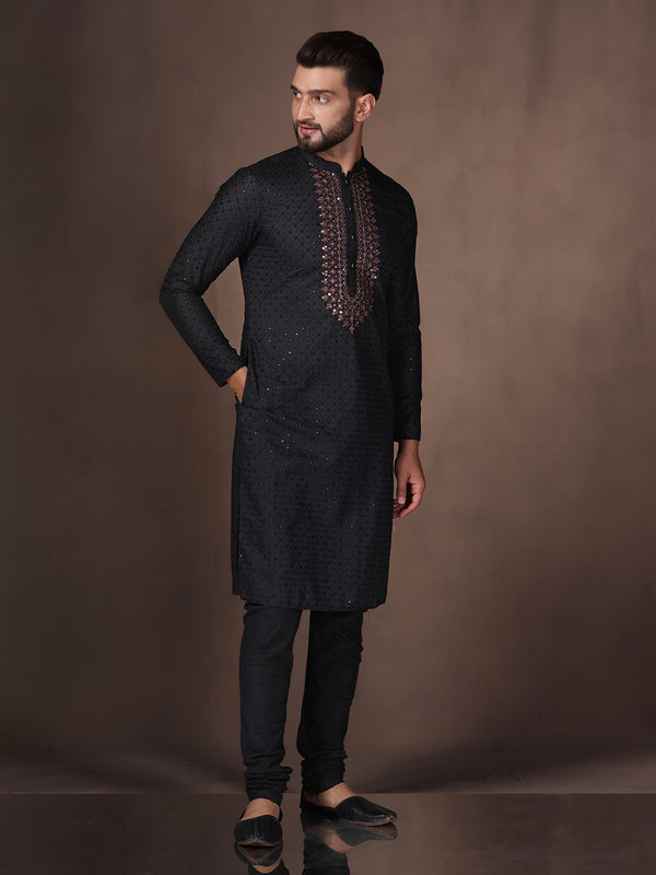 Black Embroidered Kurta Set with Churidar