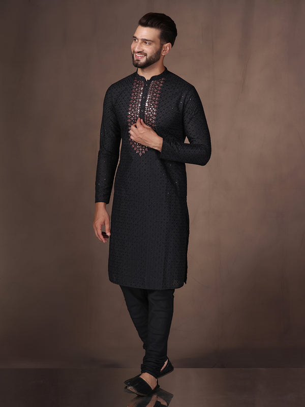 Black Embroidered Kurta Set with Churidar