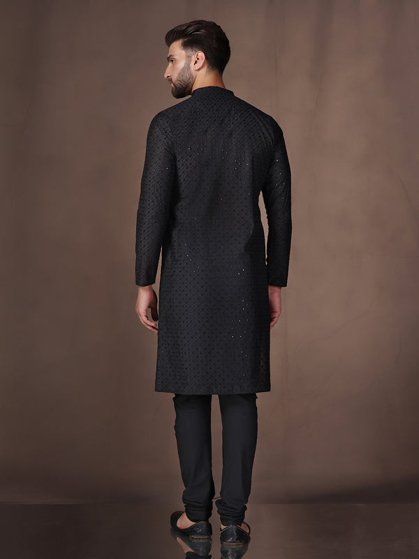 Black Embroidered Kurta Set with Churidar