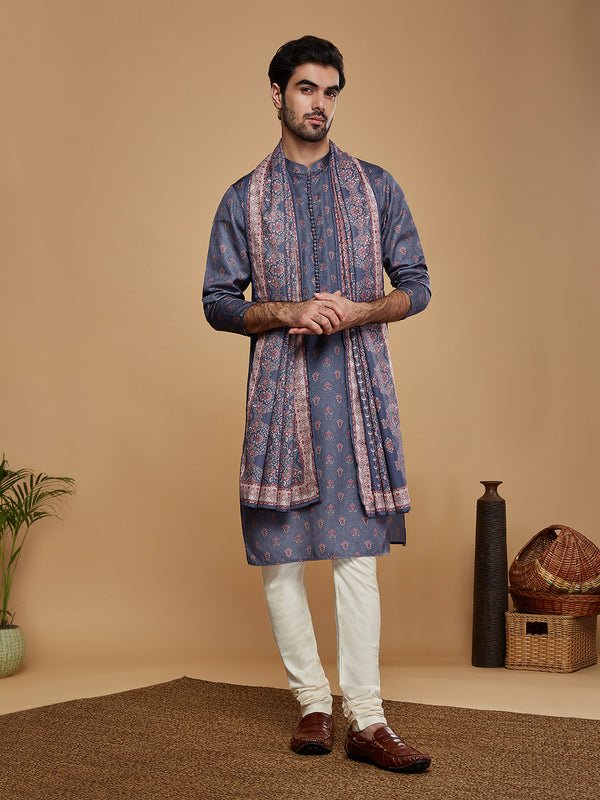 Grey Silk Printed Kurta Churidar with Dupatta