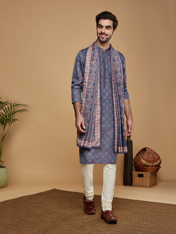 Grey Silk Printed Kurta Churidar with Dupatta
