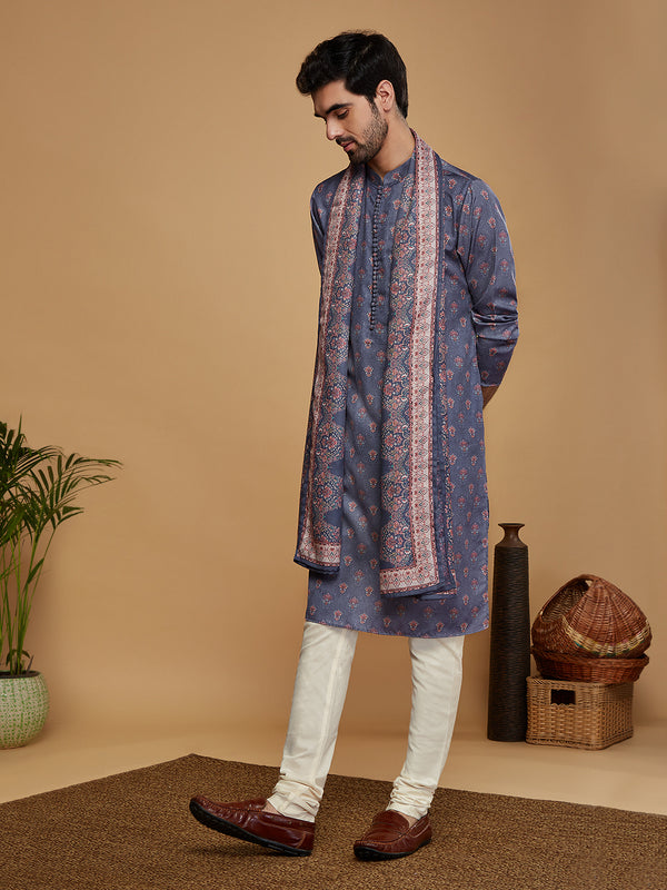 Grey Silk Printed Kurta Churidar with Dupatta