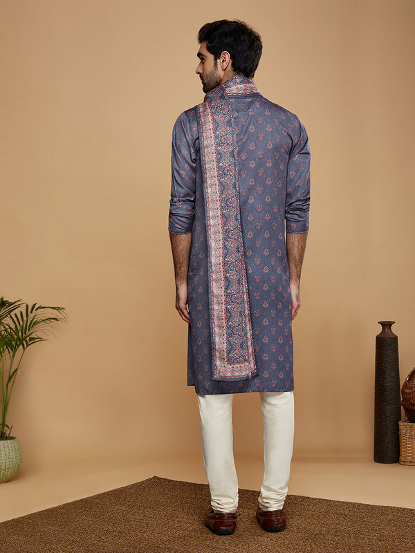 Grey Silk Printed Kurta Churidar with Dupatta